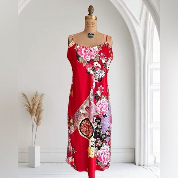 Natori Private Luxuries Red Floral Print Silky Slip Dress Size Large - Picture 4 of 12